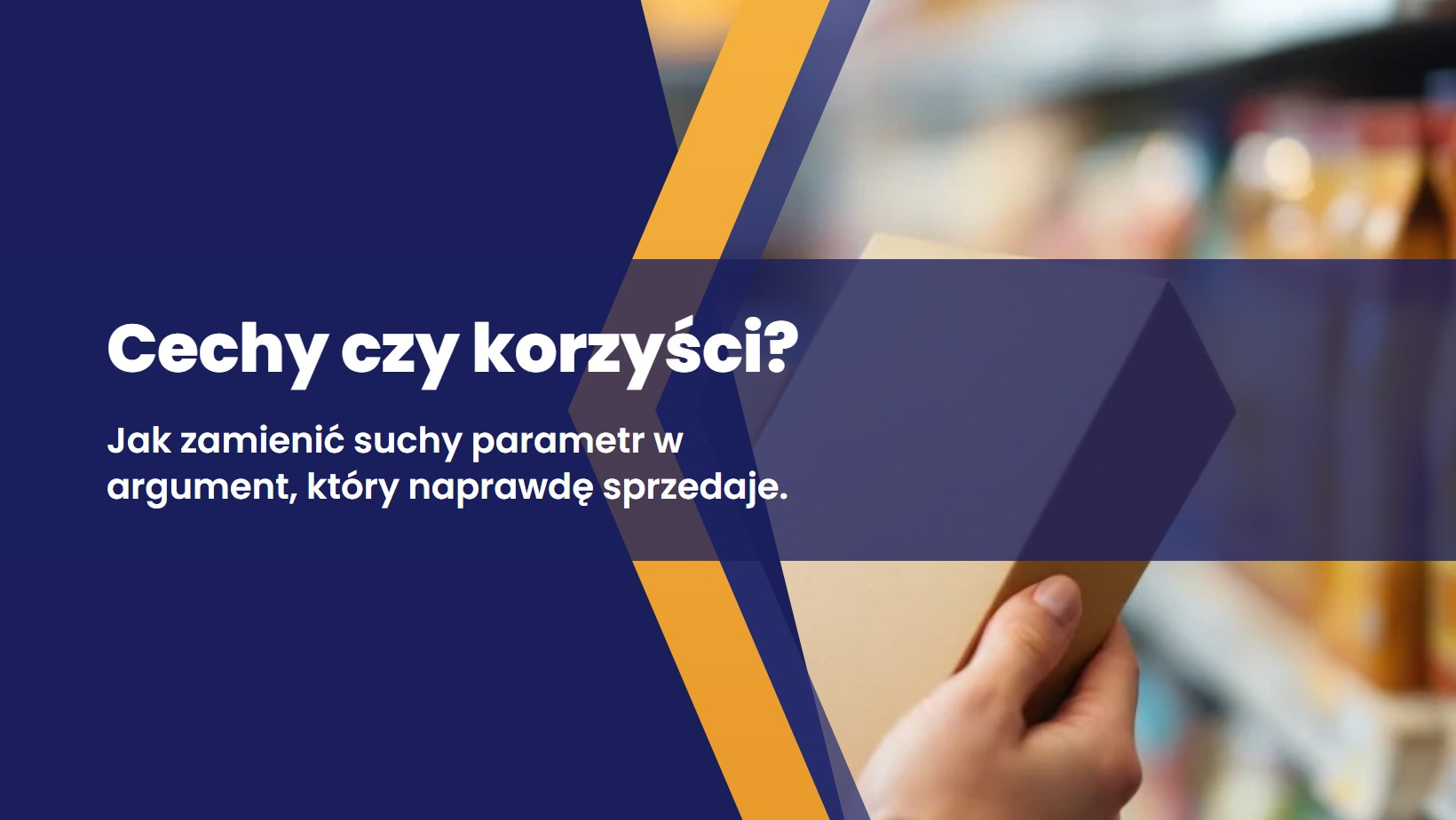 metka produktu z suchym parametrem technicznym po jednej stronie i zdaniem opisujacym korzysc dla klienta po drugiej